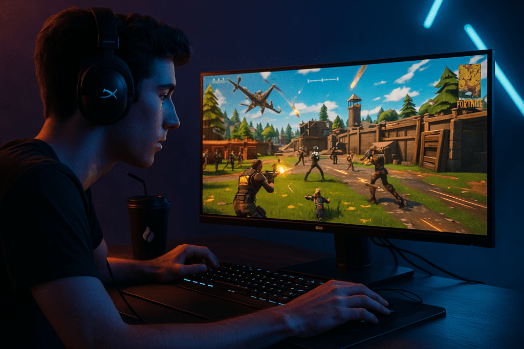 Jovem gamer jogando Fortnite com headset, teclado iluminado e setup neon, típico de streamer ou jogador de eSports.