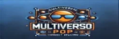 Logo futurista do Multiverso Pop com design geek. Apresenta uma tipografia moderna em azul e laranja, com elementos cósmicos e tecnológicos, representando cultura pop, games e entretenimento nerd.