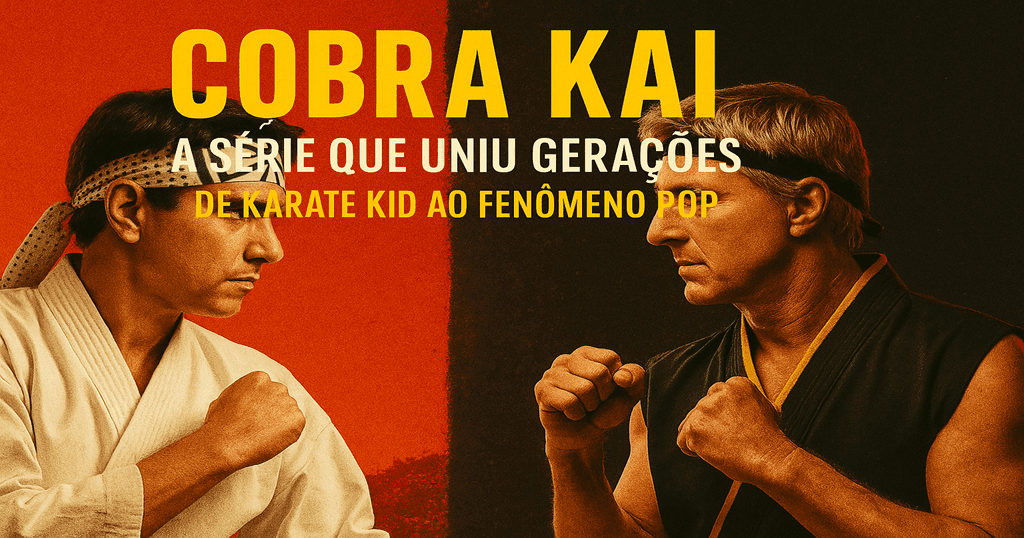 Daniel LaRusso e Johnny Lawrence frente a frente, com fundo dividido em vermelho e preto, representando o legado da franquia Karate Kid na série Cobra Kai