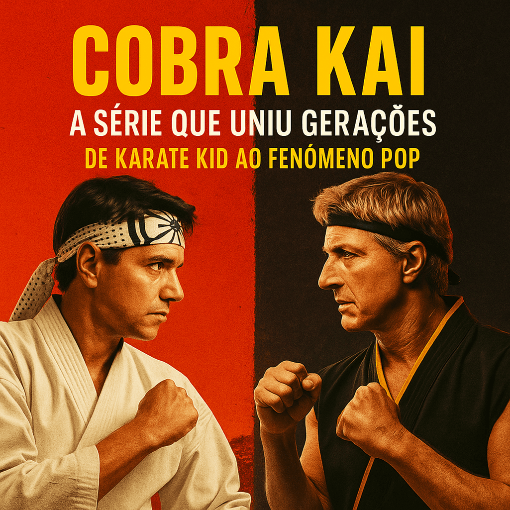 Daniel LaRusso e Johnny Lawrence em confronto direto, com fundo dividido em vermelho e preto, representando o duelo de gerações na série Cobra Kai