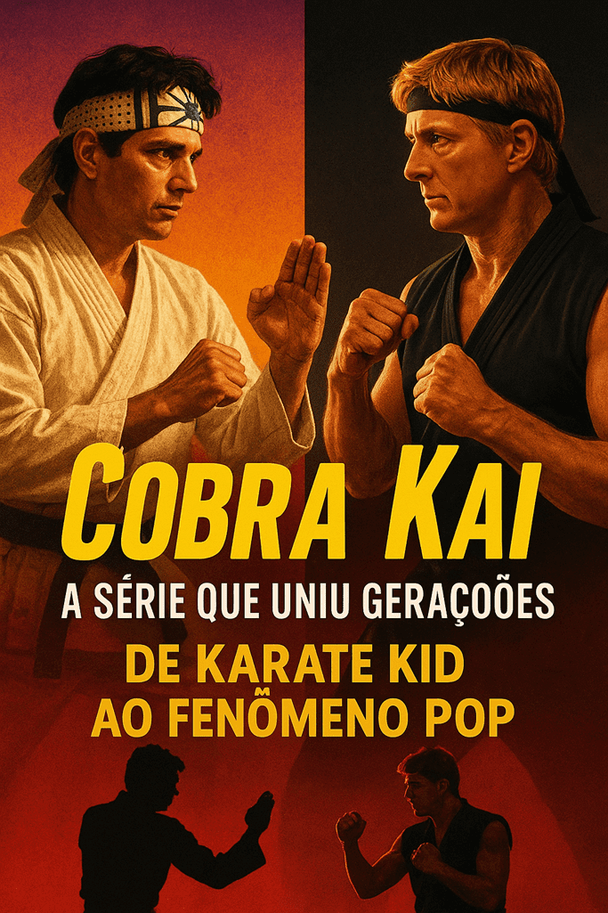“Montagem realista com Daniel LaRusso e Johnny Lawrence em posições de luta, representando a série Cobra Kai e sua conexão com os filmes Karate Kid”