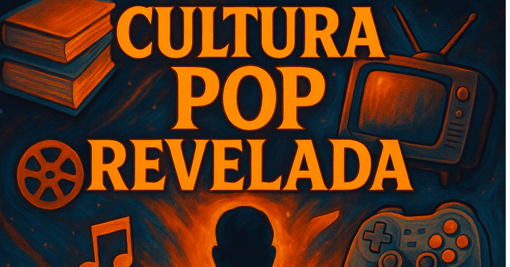 Ilustração horizontal com silhueta humana central e ícones de livros, TV, games e cinema ao redor, representando a cultura pop como espelho da sociedade. Cultura Pop Revelada — Horizontal