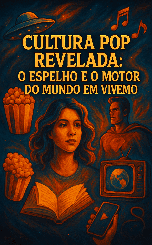 Ilustração vertical com ícones da cultura pop, livros, TV, games e silhueta humana ao centro como espelho cultural. Cultura Pop Revelada — Vertical