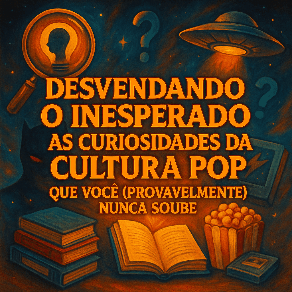 Ilustração com lupa, livro aberto, máscara misteriosa, UFO e pipoca, representando curiosidades surpreendentes da cultura pop