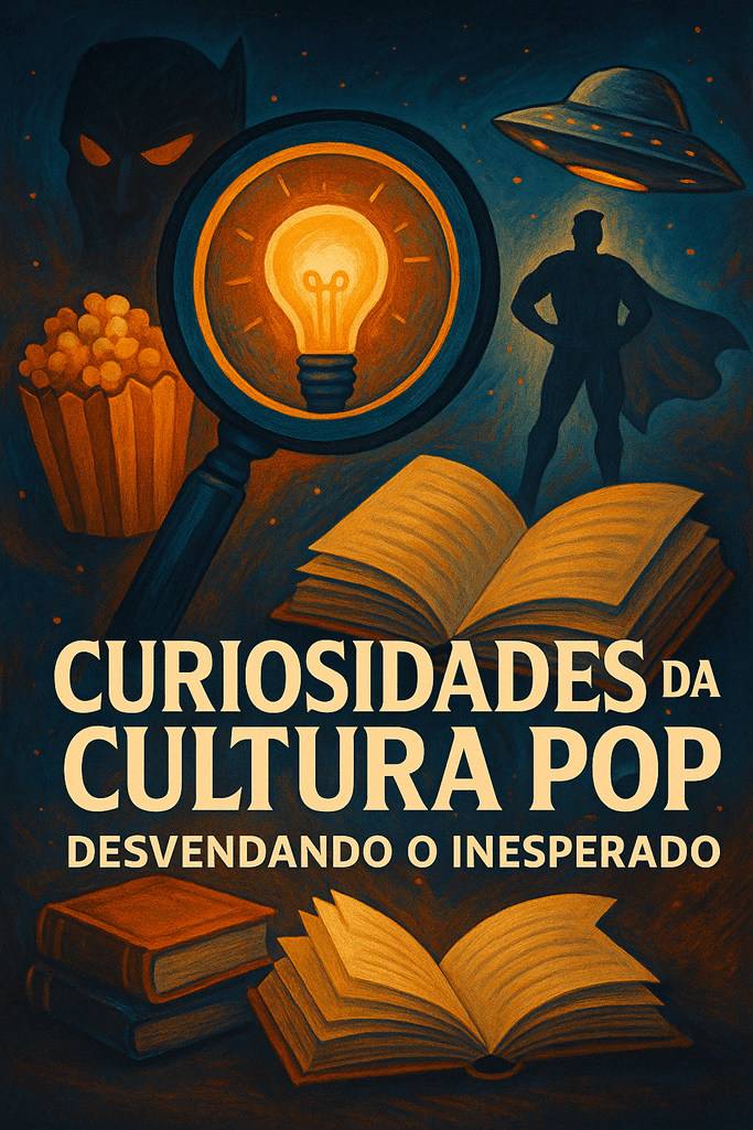 Ilustração vertical com lupa, lâmpada acesa, super-herói, livros abertos e disco voador, representando curiosidades da cultura pop