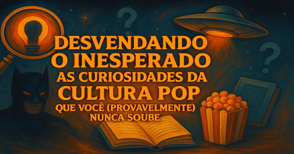 Imagem horizontal com lupa iluminada, silhueta de super-herói, livro aberto, nave espacial e pipoca, representando curiosidades da cultura pop