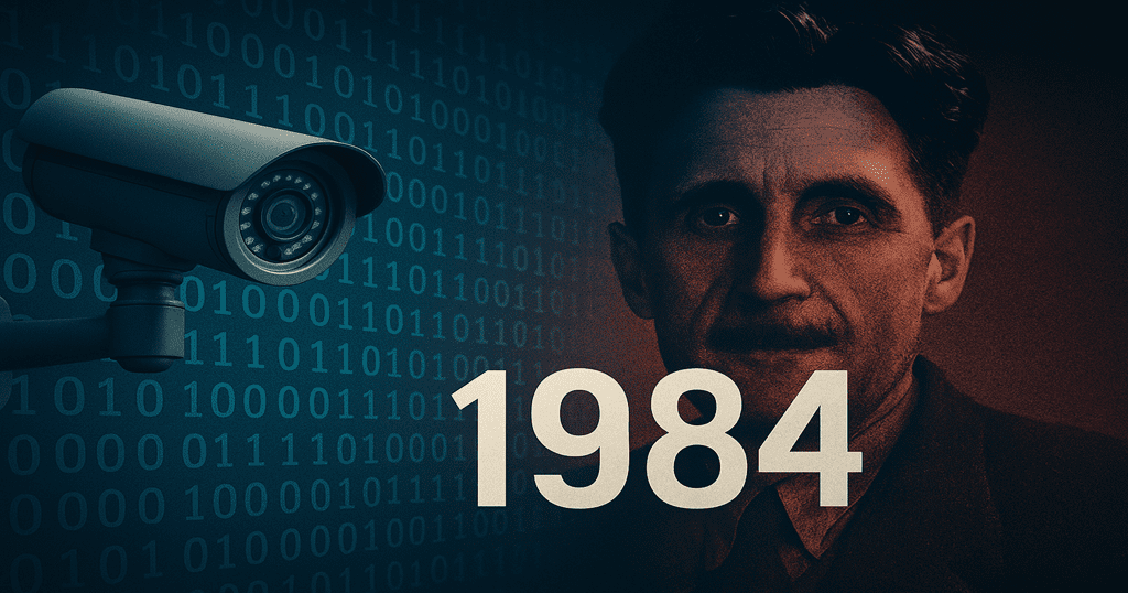 Montagem gráfica com câmera de segurança, rosto sombreado de George Orwell e código binário ao fundo, evocando a vigilância digital.1984 George Orwell