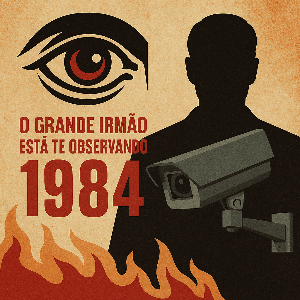 Montagem gráfica com a frase 'O Grande Irmão Está Te Observando', uma câmera de vigilância moderna e um olho estilizado, simbolizando o controle e a vigilância digital inspirados em 1984 George Orwell