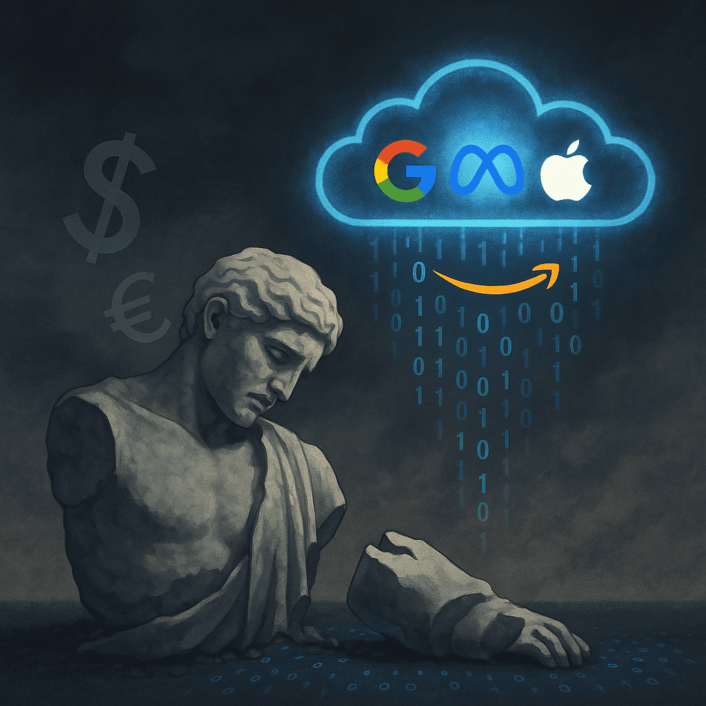 Estátua clássica caída ao lado de uma nuvem digital com logos de Google, Meta, Apple e Amazon, representando a queda do capitalismo e a ascensão do tecnofeudalismo.