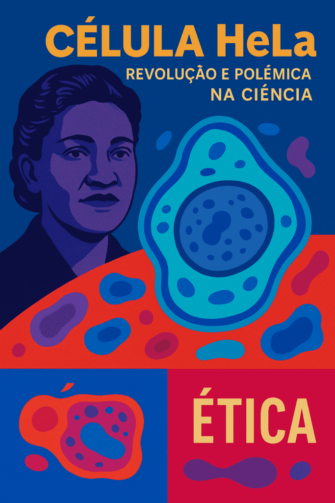 Ilustração vertical com Henrietta Lacks, célula HeLa estilizada e blocos visuais sobre ciência e ética em cores vibrantes