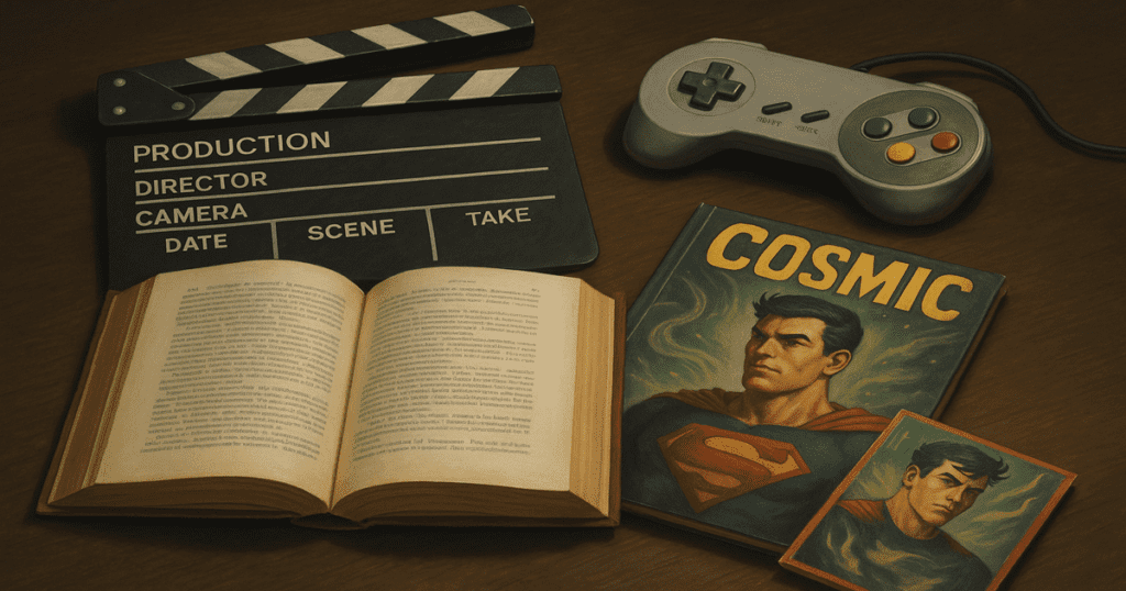 Livro aberto, controle de videogame, HQ e claquete de cinema dispostos em uma mesa, simbolizando as principais mídias adaptadas para o cinema