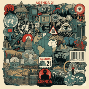 “Imagem quadrada com ícones de geopolítica e conspiração, sobre a Agenda 21.”