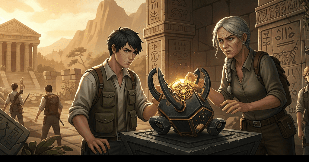 “Ilustração horizontal com artefatos misteriosos e ruínas antigas, ligada à arqueologia proibida.”