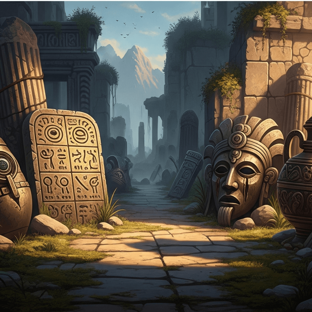“Ilustração quadrada com artefatos misteriosos e ruínas antigas, ligada à arqueologia proibida.”