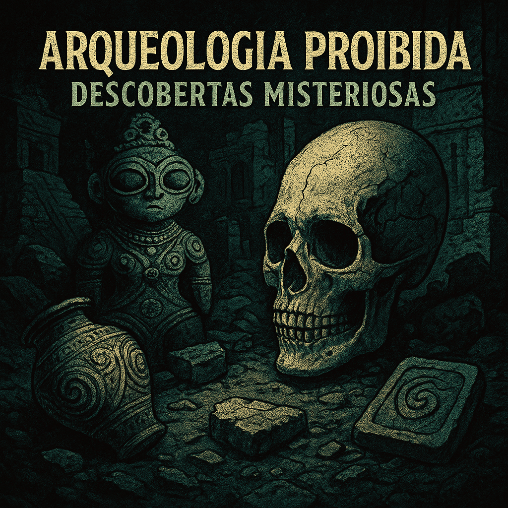 “Ilustração quadrada com artefatos misteriosos e ruínas antigas, ligada à arqueologia proibida.”