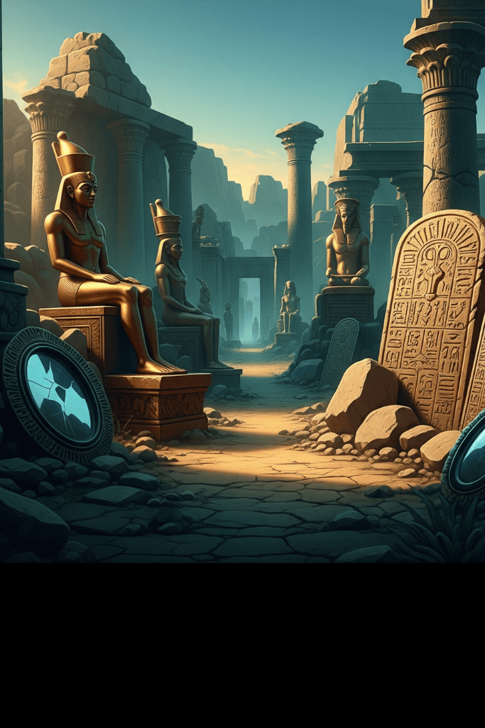 “Ilustração vertical com artefatos misteriosos e ruínas antigas, ligada à arqueologia proibida.”