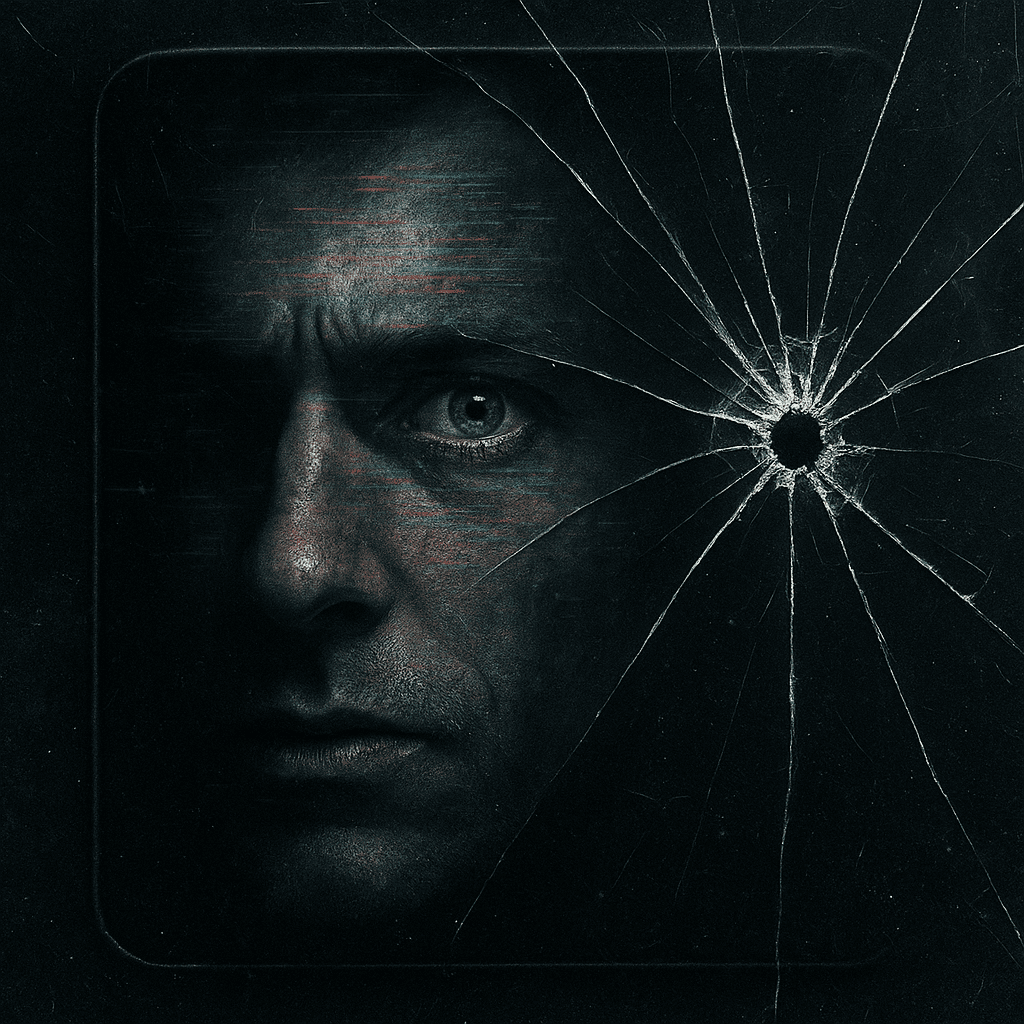 “Rosto humano distorcido em tela quebrada, simbolizando as distopias tecnológicas de Black Mirror.”