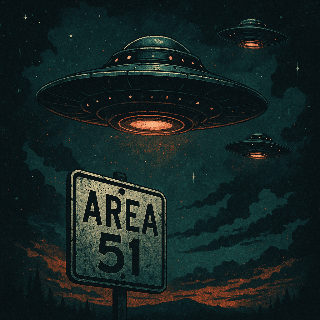 “Ilustração quadrada com OVNIs e Area 51, inspirada nas revelações de Bob Lazar.”
