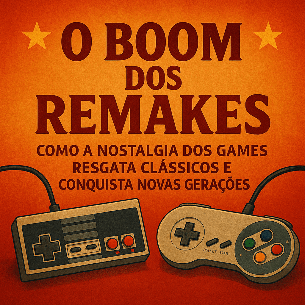 Imagem em estilo retrô com controles clássicos de videogame e o título 'O Boom dos Remakes', destacando a influência da nostalgia nos games