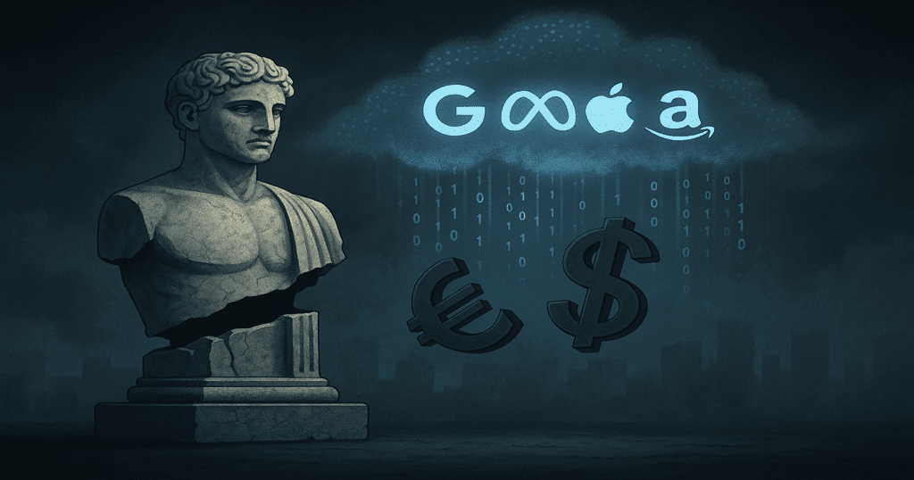 Estátua clássica quebrada ao lado de uma nuvem digital com logos de Big Techs, simbolizando o colapso do capitalismo tradicional e a ascensão do tecnofeudalismo.