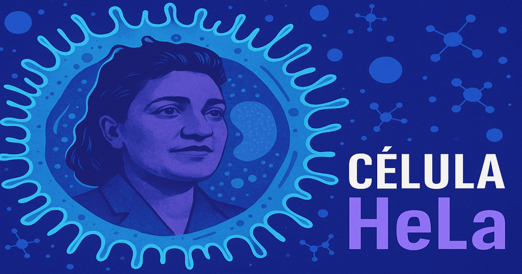 Ilustração digital de Henrietta Lacks sobreposta a uma célula estilizada em azul e lilás, representando a célula HeLa