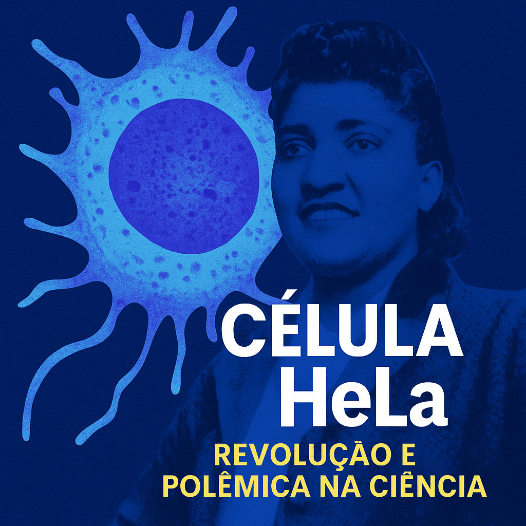 Arte quadrada com Henrietta Lacks e célula estilizada em azul, com o título “Célula HeLa: Revolução e Polêmica na Ciência”