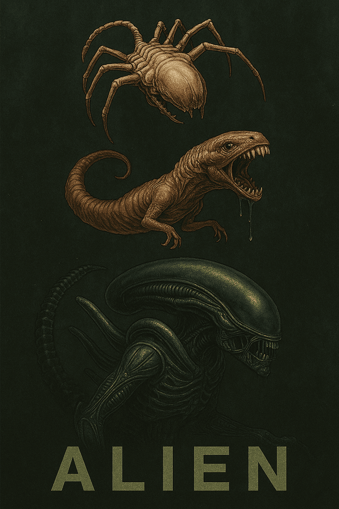Representação artística do ciclo de vida do Alien, do facehugger ao Xenomorfo adulto.