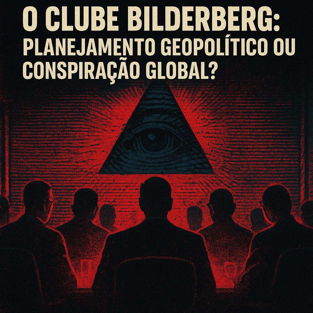 “Ilustração quadrada com tema secreto e símbolos de poder global, sobre o Clube Bilderberg.”