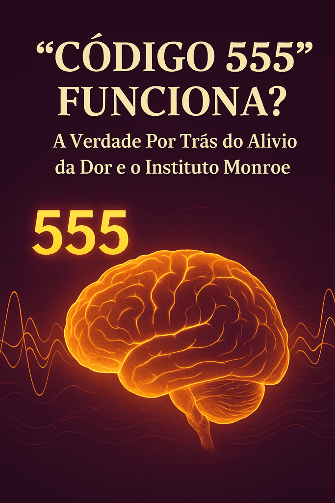 Imagem vertical com cérebro iluminado em dourado e o número 555, com o título "Código 555 Funciona?" em destaque, representando técnica mental ligada ao Instituto Monroe para alívio da dor.