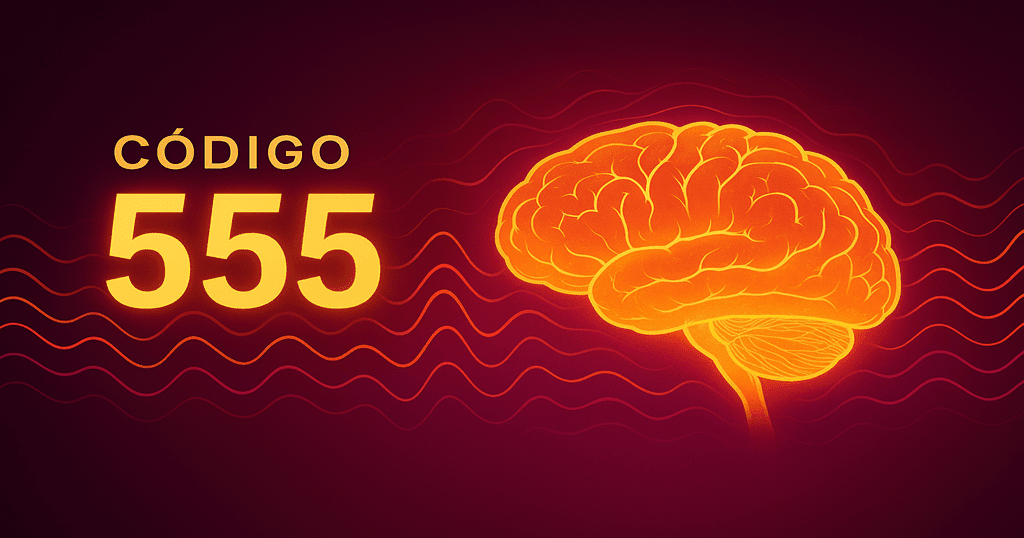 Ilustração de um cérebro em tons dourados com o número 555 em destaque, cercado por ondas mentais alaranjadas sobre fundo roxo, representando técnicas de visualização do Instituto Monroe.Código 555