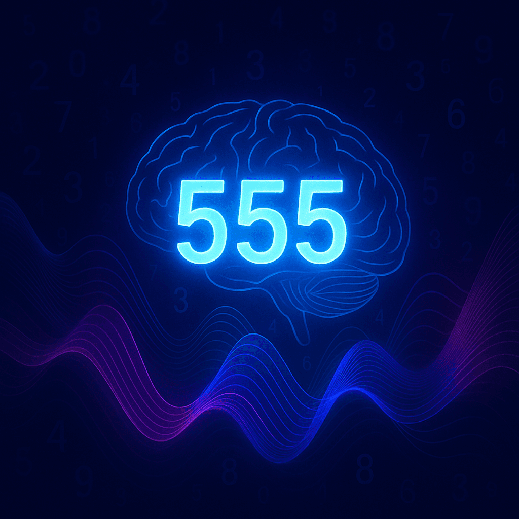 Ilustração digital de um cérebro brilhante com o número 555 em destaque, cercado por ondas roxas e azuis, representando visualização mental e estados alterados de consciência.