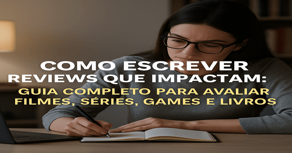 Mulher digitando no notebook cercada por elementos da cultura pop, representando como escrever reviews para filmes, séries, games e livros.