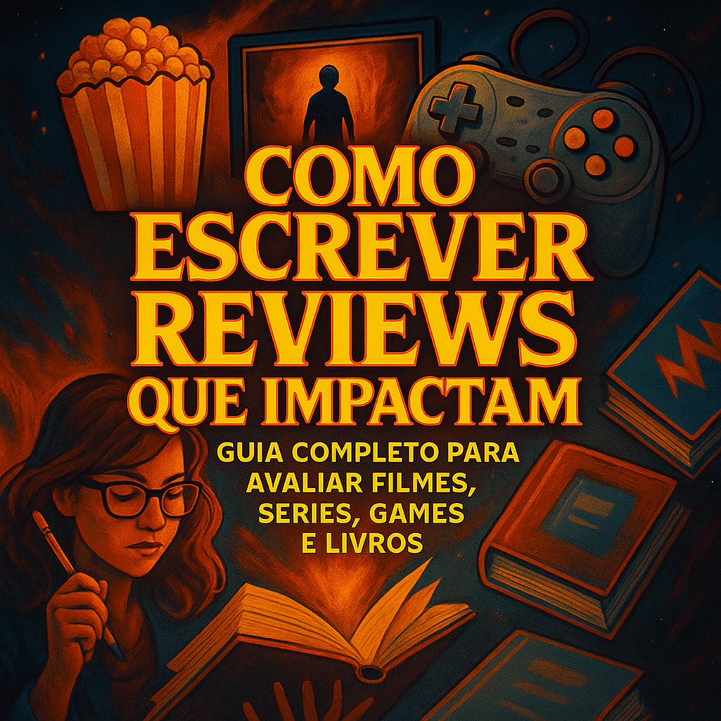 Ilustração de mulher escrevendo com livros, controle de videogame, pipoca e elementos de cultura pop ao redor, destacando o tema de como escrever reviews impactantes