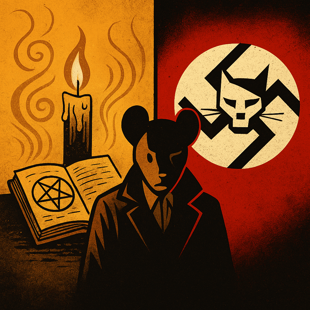 O Mal nas Entrelinhas Ilustração conceitual dividida entre esoterismo e memória histórica, com vela, livro mágico e pentagrama de um lado, e rato em traje humano diante de símbolo nazista estilizado com rosto de gato do outro, representando o confronto entre as visões de O Despertar dos Mágicos e Maus.