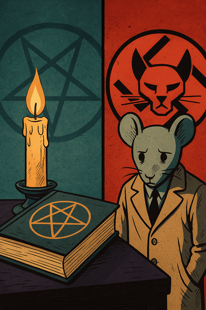 Imagem vertical dividida entre simbolismo ocultista e memória histórica: de um lado, livro com pentagrama e vela acesa; do outro, rato antropomórfico diante de símbolo felino com traços autoritários, representando o contraste entre as obras O Despertar dos Mágicos e Maus.
