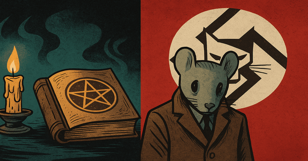 Imagem horizontal com elementos visuais divididos: à esquerda, uma vela e um livro com pentagrama representam o ocultismo de O Despertar dos Mágicos; à direita, um rato antropomórfico diante de um símbolo nazista estilizado com rosto de gato, remetendo à estética de Maus.