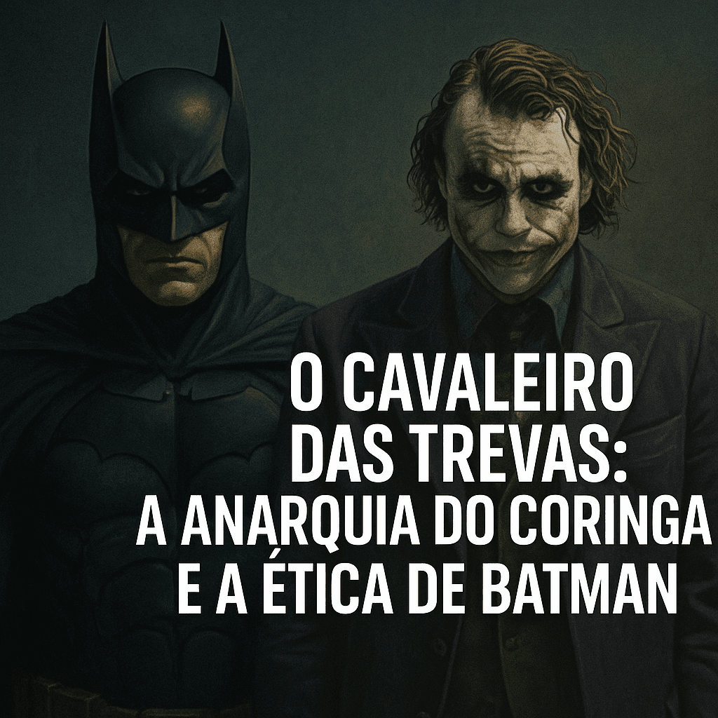  Rosto do Coringa em destaque sobre fundo urbano sombrio, sugerindo caos e niilismo de The Dark Knight O Cavaleiro das Trevas