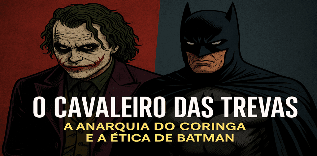 Cena dividida com o Coringa segurando cartas e Batman vigilante atrás, simbolizando o conflito ético entre caos e ordem O Cavaleiro das Trevas