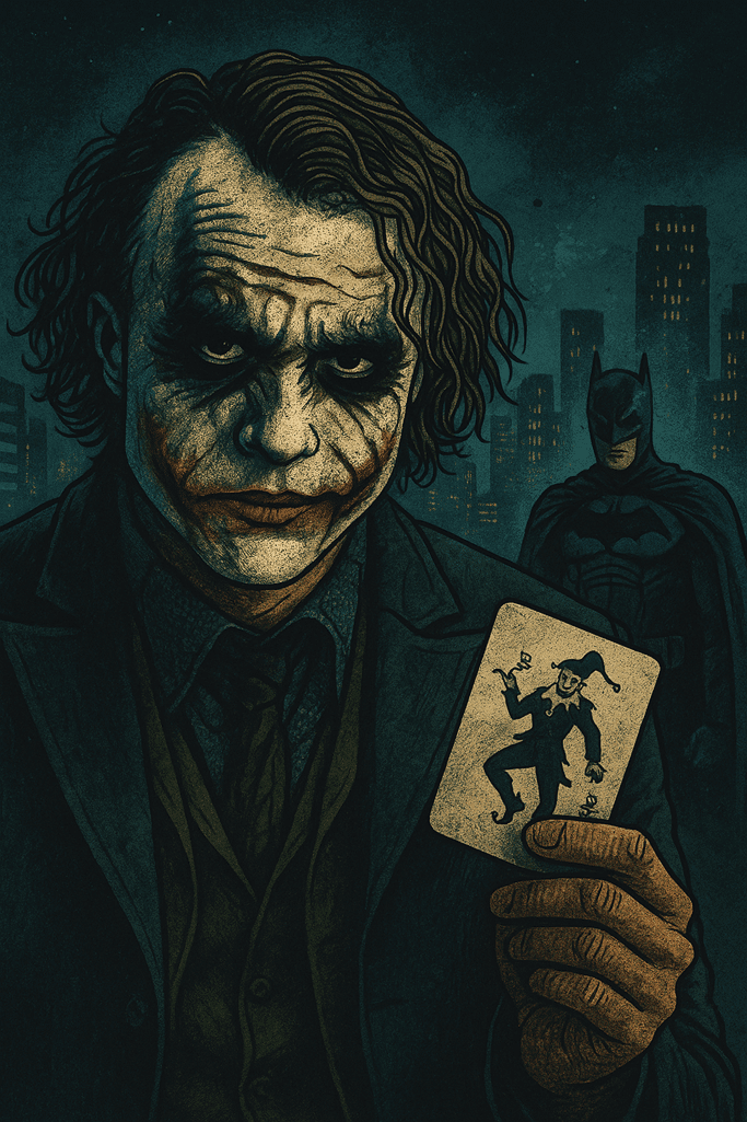 O Cavaleiro das Trevas O Coringa em pose marcante, com fundo urbano e luz dramática, evocando tensão e questionamentos éticos
