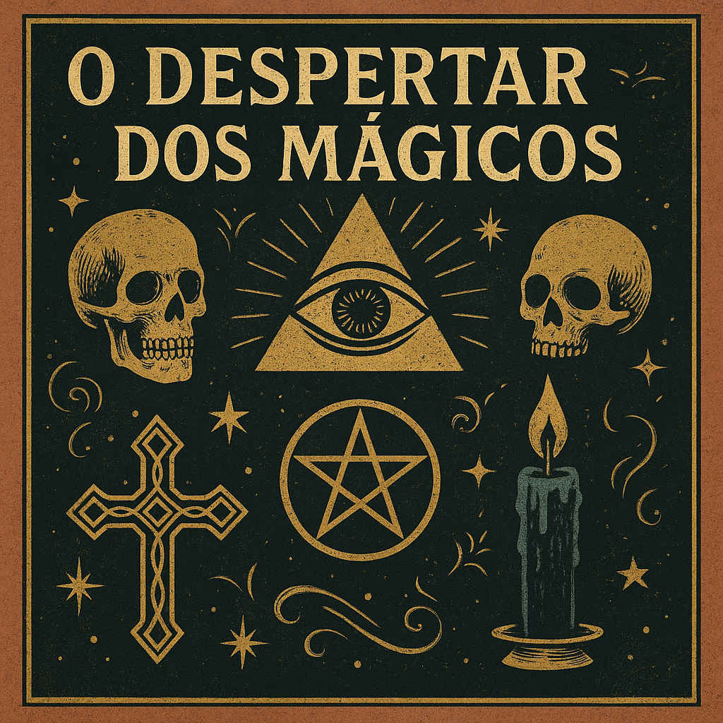 Capa ilustrada do livro O Despertar dos Mágicos, com símbolos esotéricos como olho que tudo vê, pentagrama, cruz mística, caveiras e vela negra, representando o ocultismo e o realismo fantástico.