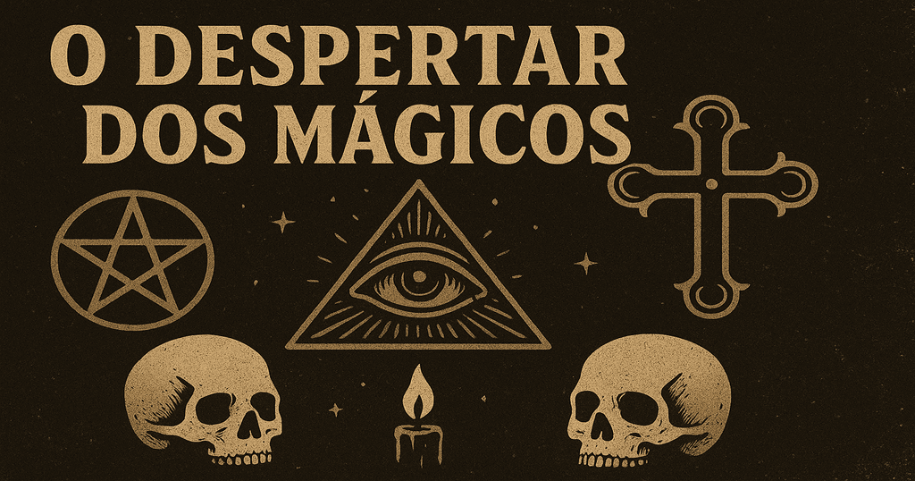 Imagem horizontal inspirada no livro O Despertar dos Mágicos, com símbolos esotéricos como olho que tudo vê, pentagrama, cruz mística, caveiras e vela, sobre fundo envelhecido.