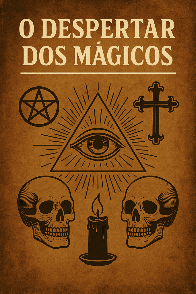 Imagem vertical inspirada em O Despertar dos Mágicos, com símbolos esotéricos como olho que tudo vê, pentagrama, cruz, caveiras e vela negra, sobre fundo envelhecido.