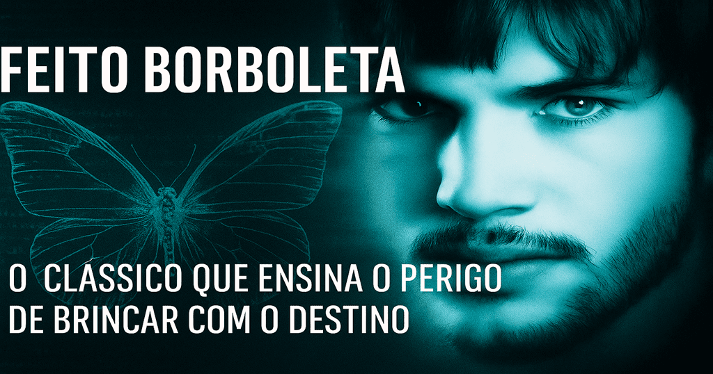 Imagem horizontal com rosto de Ashton Kutcher em azul esverdeado, borboleta digital e frase de destaque sobre o perigo de brincar com o destino, inspirada no filme Efeito Borboleta (2004).