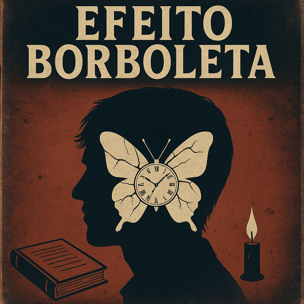 Imagem quadrada inspirada no filme Efeito Borboleta, com silhueta masculina, borboleta com relógio no centro, livro e vela sobre fundo escuro em estilo vintage.