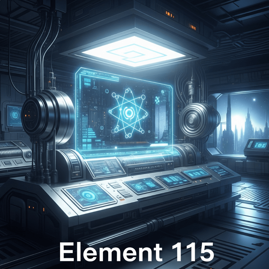 “Imagem quadrada com brilho metálico e ficção científica, ligada ao Elemento 115.”