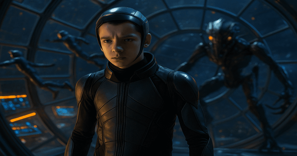 Ender Wiggin em destaque com traje militar futurista, simulação de batalha e nave espacial ao fundo em cena do filme Ender's Game O Jogo do Exterminador.