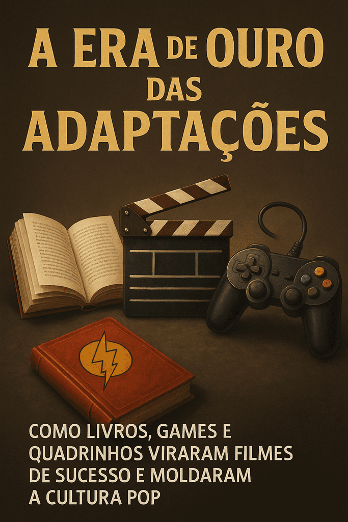 Imagem vertical com livro aberto, claquete de cinema, controle de videogame e HQ estilizada, representando as mídias que inspiraram adaptações de sucesso