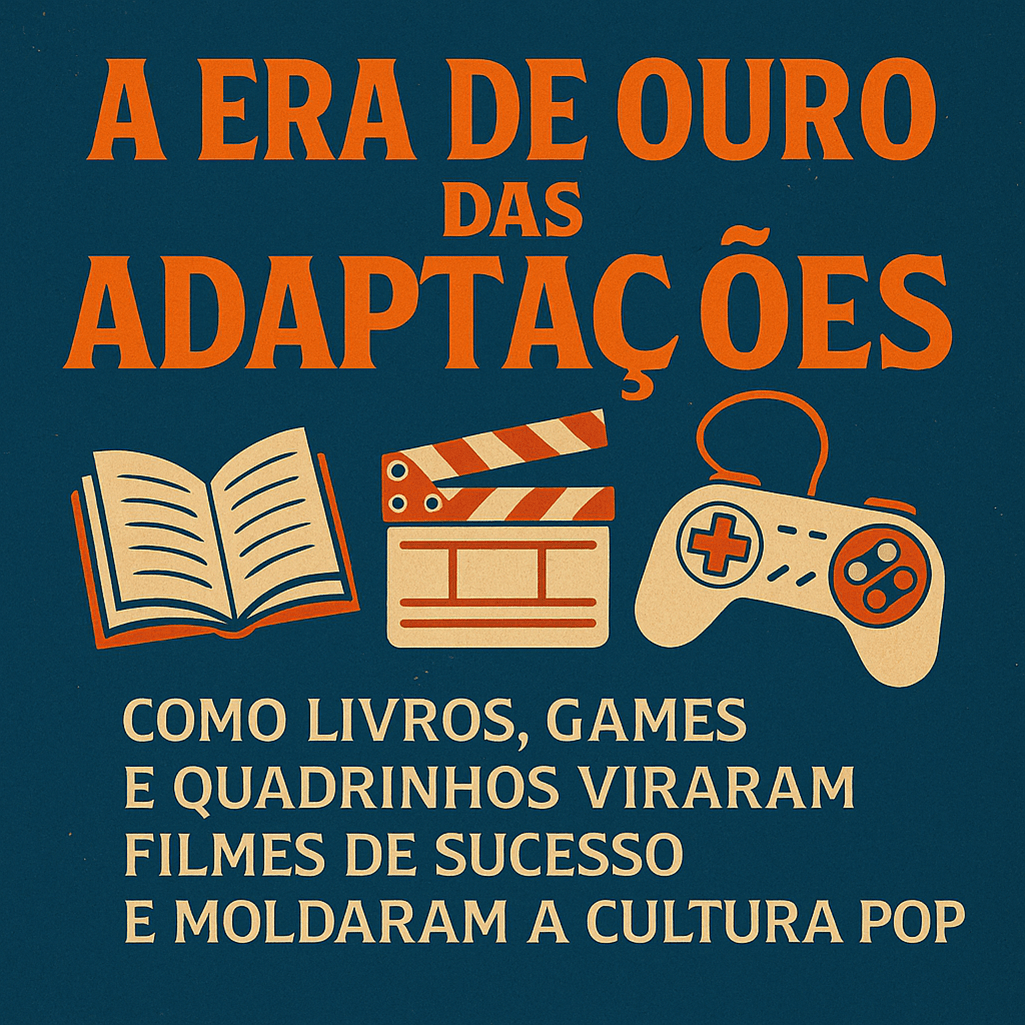 Ilustração com livro aberto, claquete de cinema e controle de videogame, representando as adaptações de livros, games e HQs para o cinema