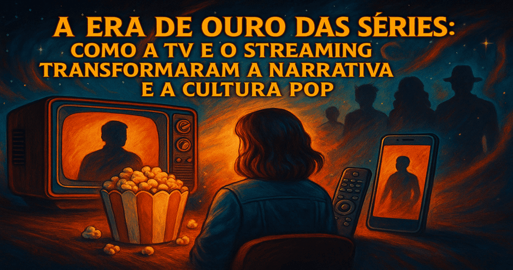 lustração horizontal com TV retrô, smartphone, controle remoto e silhuetas de personagens de séries ao fundo, representando a era do streaming