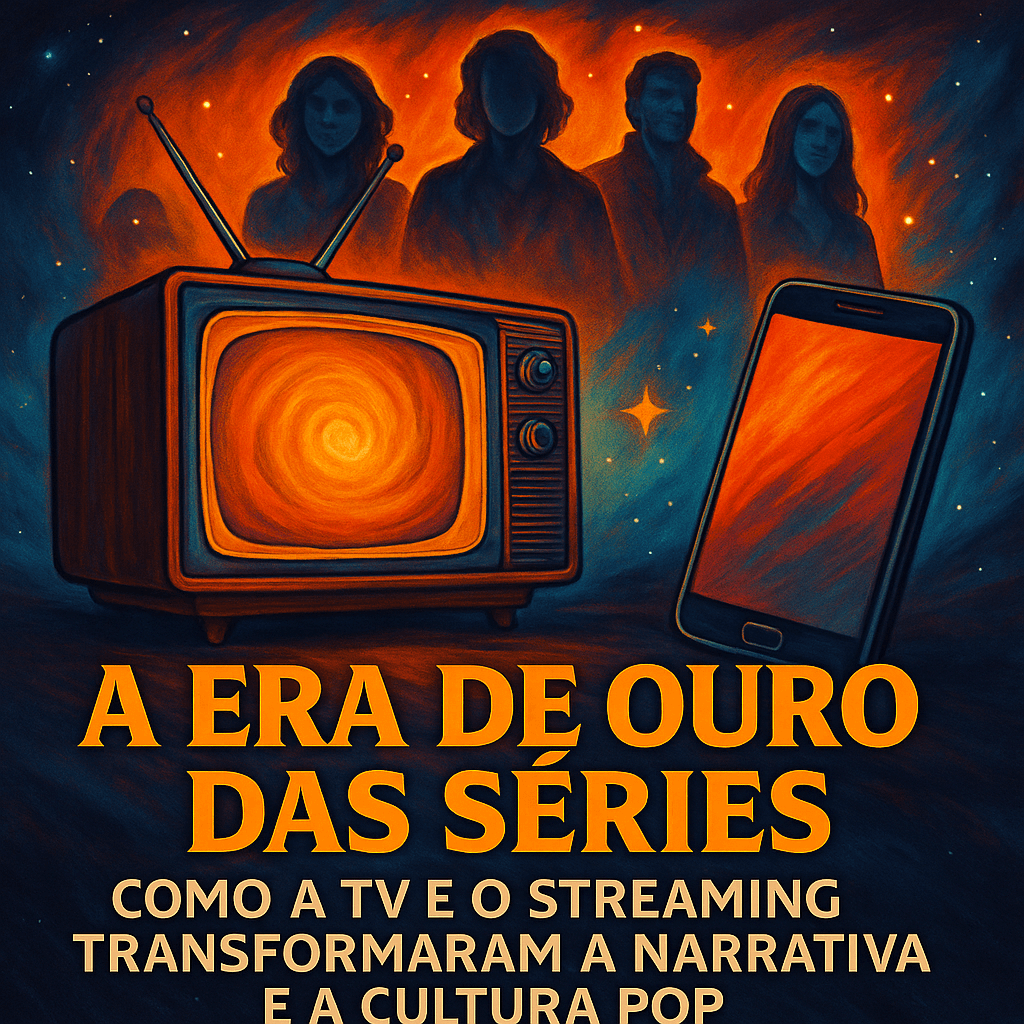 Ilustração quadrada com TV clássica, smartphone, controle remoto e personagens de séries, representando a evolução da TV ao streaming